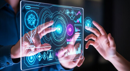 Hands interact with futuristic holographic display showing complex data and analytics for innovation