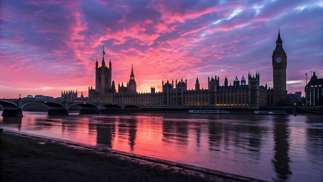 Houses of parliament at sunset over thames river