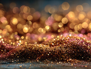 Glittering gold sparkles in soft focus with warm lighting