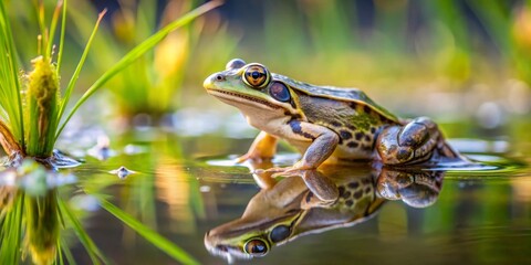 Fototapeta premium A lone amphibian rests on tranquil water, its reflection mirroring a serene moment in nature's embrace