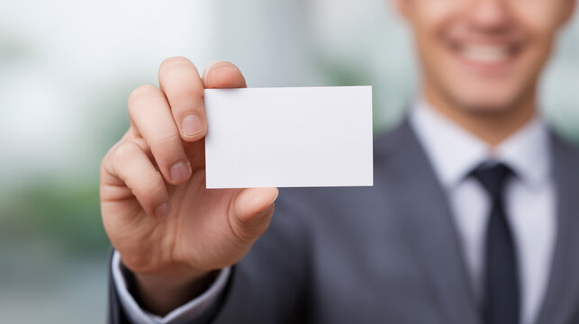 Clear white business card for copy space, holding by blurred smiling businessman in suit.