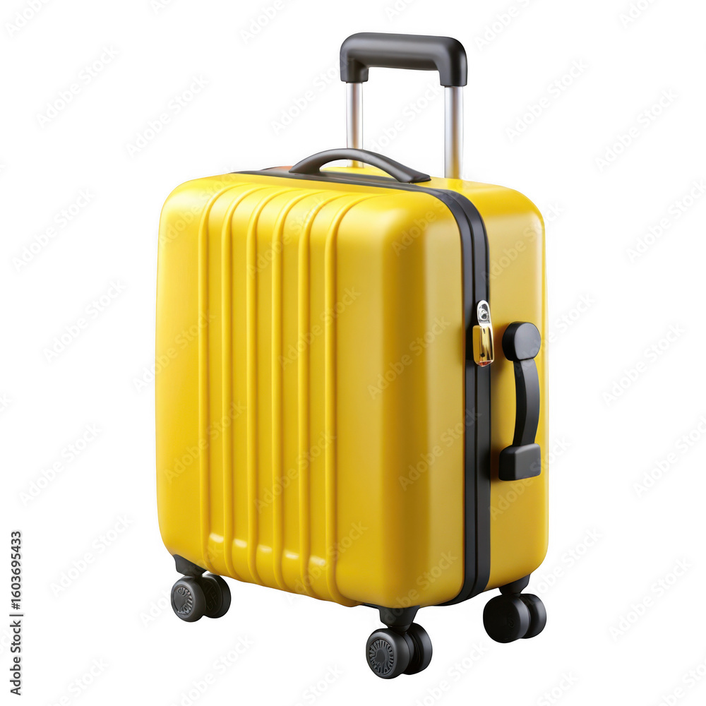 Poster 3d yellow hardshell suitcase with telescopic handle isolated on transparent background