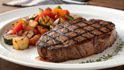 Juicy perfectly cooked steak served on a plate with colorful grilled vegetables for a delightful dining experience