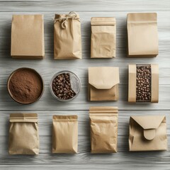 A collection of brown paper bags with various contents, including coffee beans