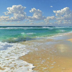 Sunny beach scene, gentle waves lapping shore