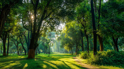 Fototapeta premium Natural greenery and trees in the park, with sunlight filtering through.