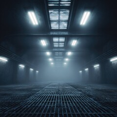 Foggy industrial corridor with metal grating floor and fluorescent lights