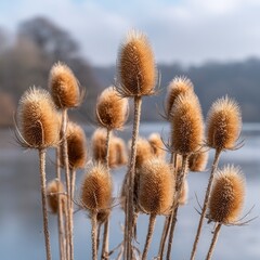 Dried seed heads of plants near water
