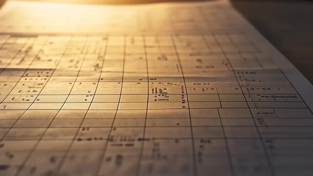 Detailed architectural blueprint grid with technical annotations and warm lighting