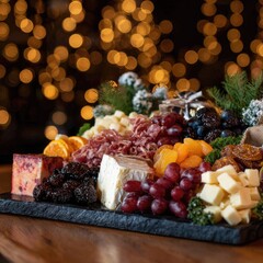 Festive cheese and fruit board on dark slate