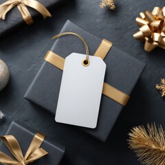 Dark gift box with gold ribbon, blank tag, festive decor
