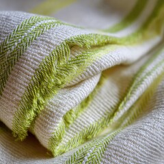 Cream fabric with lime green stripes, tightly rolled