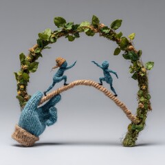 Miniature figures traverse a rope bridge, guided by a helping hand, encompassed by a verdant wreath