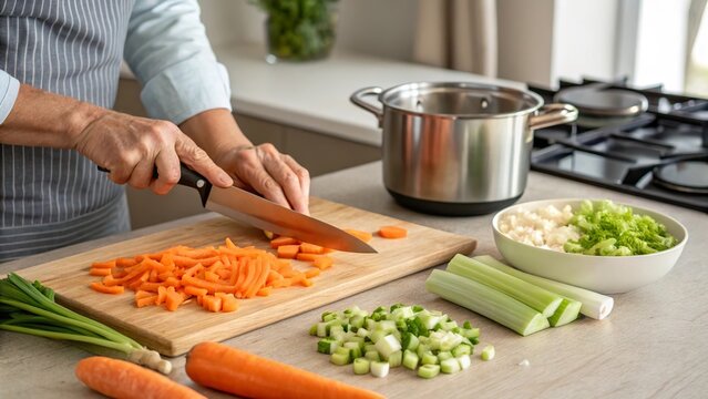 Person prepares fresh vegetables by chopping carrots and celery on a kitchen countertop for a healthy meal