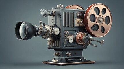 Fototapeta premium A meticulously detailed vintage film projector, dark grey metal body with copper accents, large lens, reels, and intricate mechanical components. It sits on a 