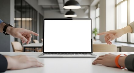 Hands pointing towards a laptop screen in a modern office setting blurred background featuring a collaborative technology focus with daylight and office lighting.