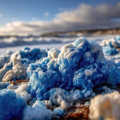 Close-up of blue and white sea foam on a beach