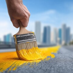 Hand paints yellow stripe on asphalt, cityscape background