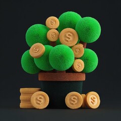 Fluffy green spheres in a pot, resembling a money tree with gold coins