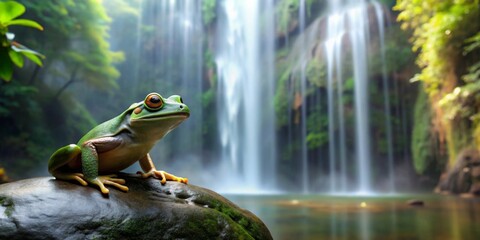 Serene amphibian perched on moss-covered rock, gazing at cascading waterfall in lush rainforest