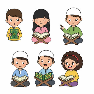Diverse group of cartoon Muslim children learning and reciting the Holy Quran, representing Islamic education and youth engagement.