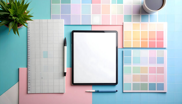 Pastel Color Palette Displayed on a Desk with Tablet and Stationery