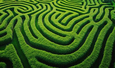 A maze of hedges with a green color