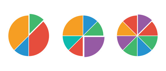 Pie chart icons. Progress sectors pie chart icon. Circle section graph. Vector illustrator
