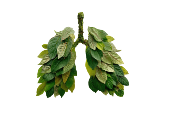 Lungs formed from diverse green leaves against a black background