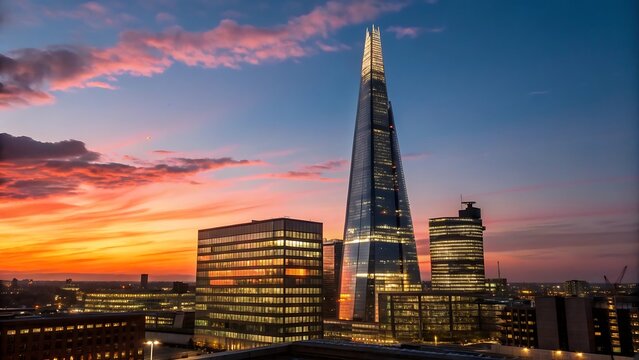 The shard and london skyline at dusk or sunset