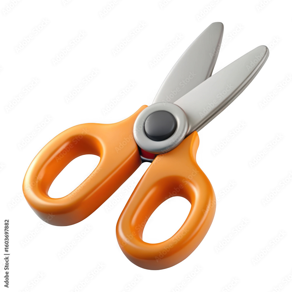Poster 3d orange handle scissors isolated on transparent background