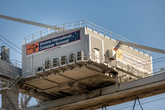 Victoria International Container Terminal control cabin in Melbourne, Australia. This modern shipping facility is part of a global logistics network, maritime trade, port operations, and management.