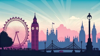 Naklejka premium London skyline with ferris wheel and big ben tower
