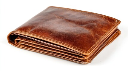 Folded brown leather wallet, lying flat against a white background.  The leather has a worn, slightly mottled appearance