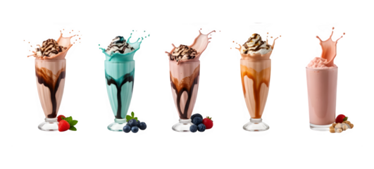 Shakes in various flavors splashing on a white backdrop. Authentic studio shot collection.
