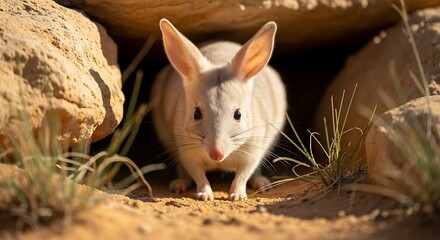 Cute bilby emerging from desert burrow between rocks