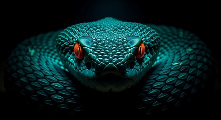 Fototapeta premium Intense close up of a green viper snake with fiery orange eyes
