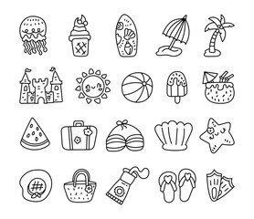 Summer set in outline line art with tropical beach vacation items for fun travel moments, marine life, refreshing food, drinks and relaxing sun protection