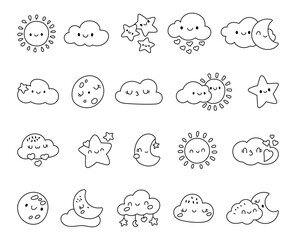 Weather character set in outline line art featuring sun, moon, cloud and star with cute smiling faces showing emotions and charming sky elements for your designs projects