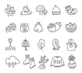 Autumn seasonal set in outline line art nature inspired featuring foliage, food, clothing, tools, weather symbols, plants for your illustration and creative designs projects