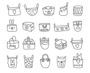 Storage basket set in in outline line art with cute decorative containers for nursery, childrens room and cozy interior organization for your illustration and creative designs projects
