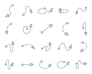Hand drawn dashed arrow path set with curved trajectories, directional flow symbols and dynamic movement elements for simple minimal navigation illustration design