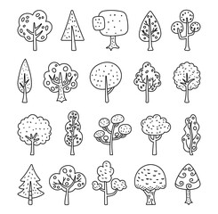 Tree set in outline line art featuring foliage shapes and natural woodland elements for decorative botanical illustration and creative nature inspired design projects