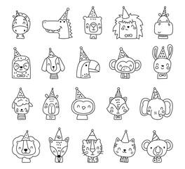 Birthday animal character set in outline line art with funny party hats and adorable animals used for charming celebration illustration and festive decoration for your designs projects