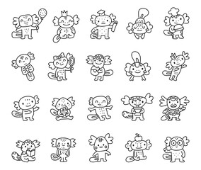 Axolotl character set in outline line art featuring adorable animals with graduation cap, glasses, balloon, book, food, drink, and charming poses for your creative designs projects