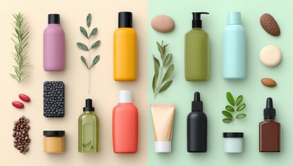Colorful cosmetic products arranged on pastel backgrounds, featuring natural elements