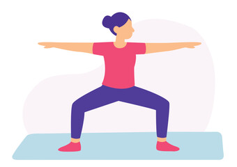 Woman doing warrior II pose flat vector. Flat vector of yoga warrior two pose. Minimalist warrior II yoga illustration.