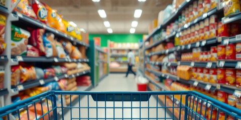 Naklejka premium Front view from a shopping cart in the drinks and alcohol section of a supermarket, with colorful beverage bottles on blurred shelves