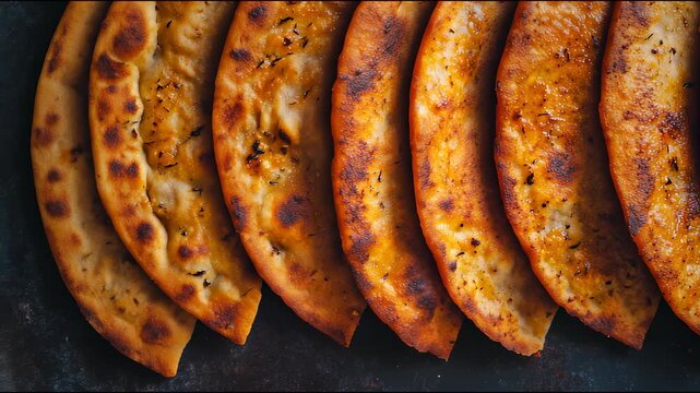 Freshly baked tandoor flatbreads with a crispy golden crust, laid in a row.