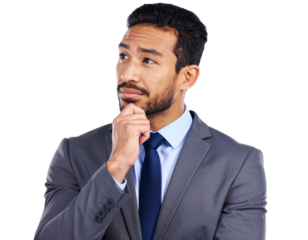 Business, man and thinking of ideas for choice, problem solving and brainstorming iso